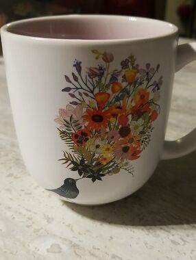 Hallmark White Mug with Pink Interior and Multicolor Floral Bird Motif